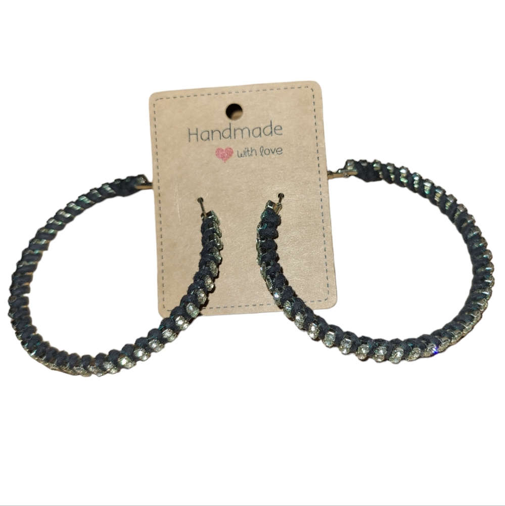 Vtg Large Black and Bling Hoop Earrings Lot 3